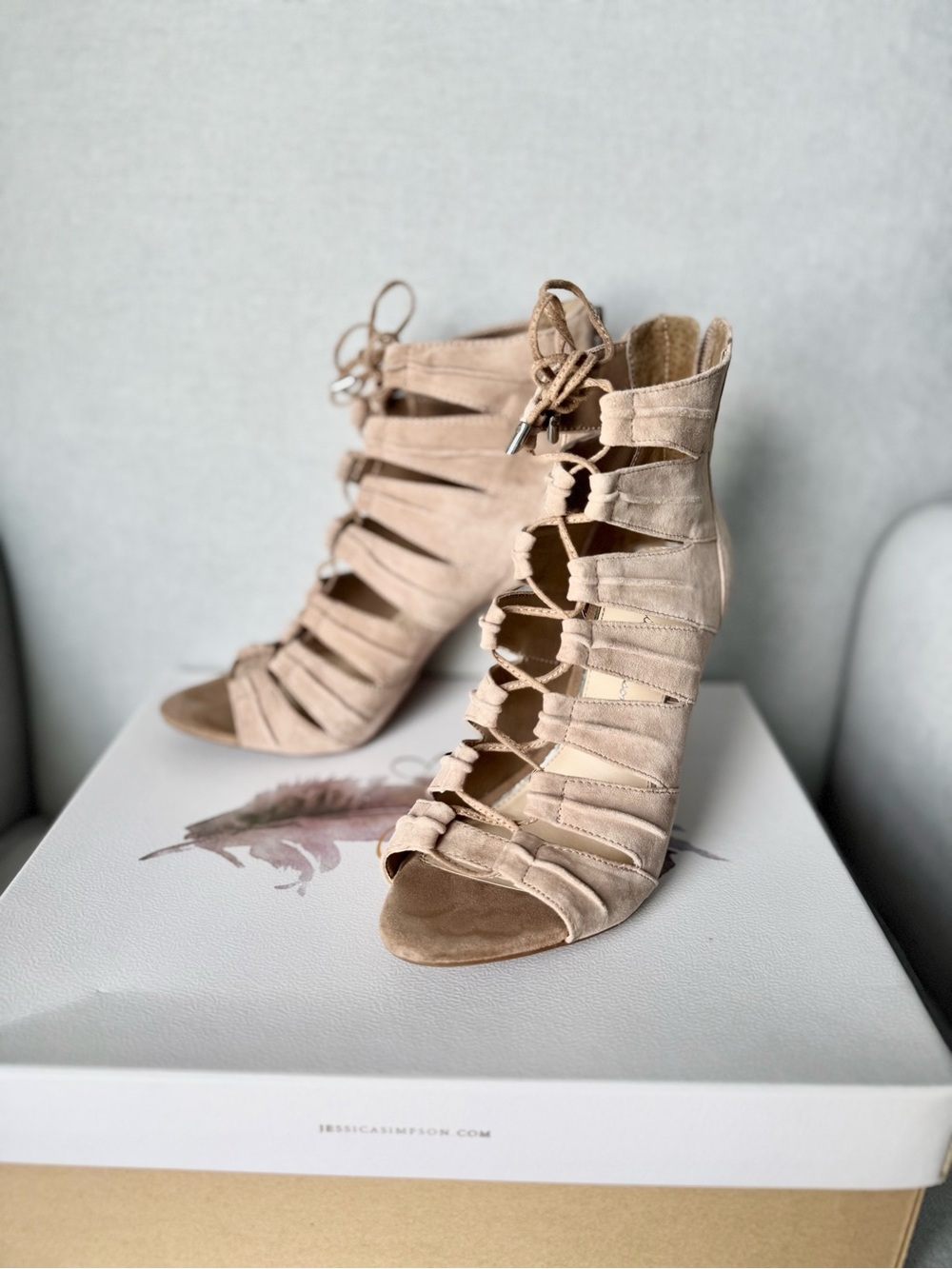 Nude Suede Lace-Up Cage Heels